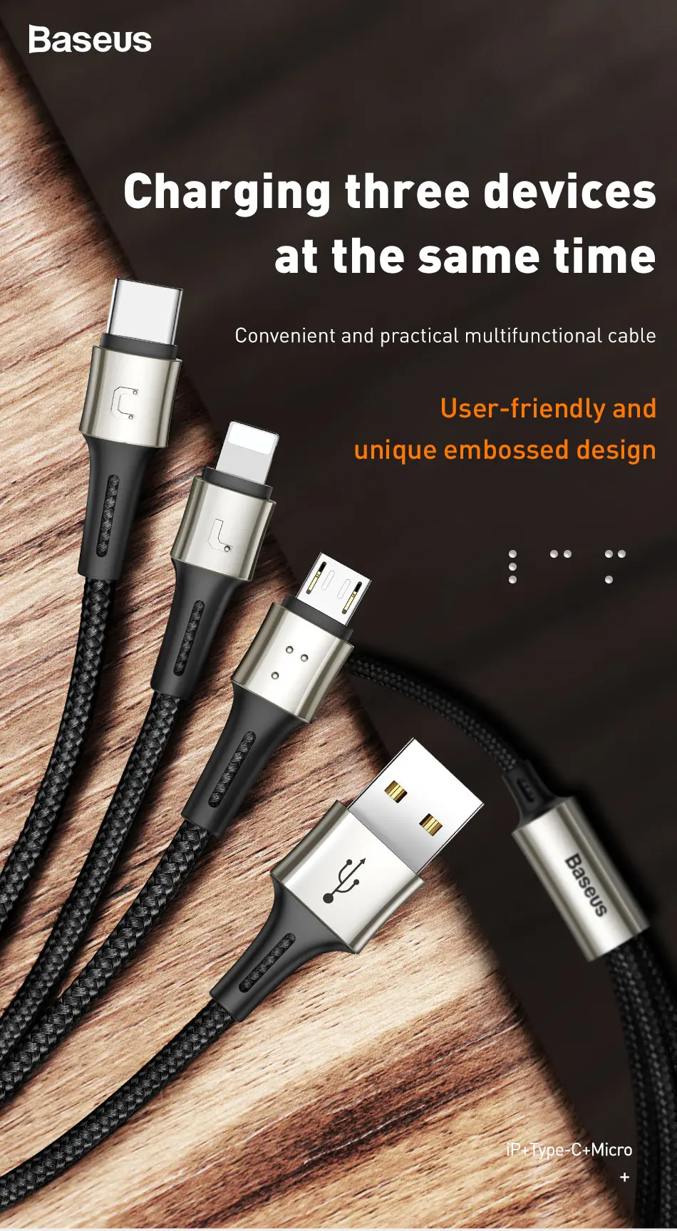 Usb-кабель Baseus 3 в 1 для iPhone Xs Max XR, кабель для быстрой зарядки, кабель USB type-C для Xiaomi Redmi Note 7 Pro, кабель Micro usb