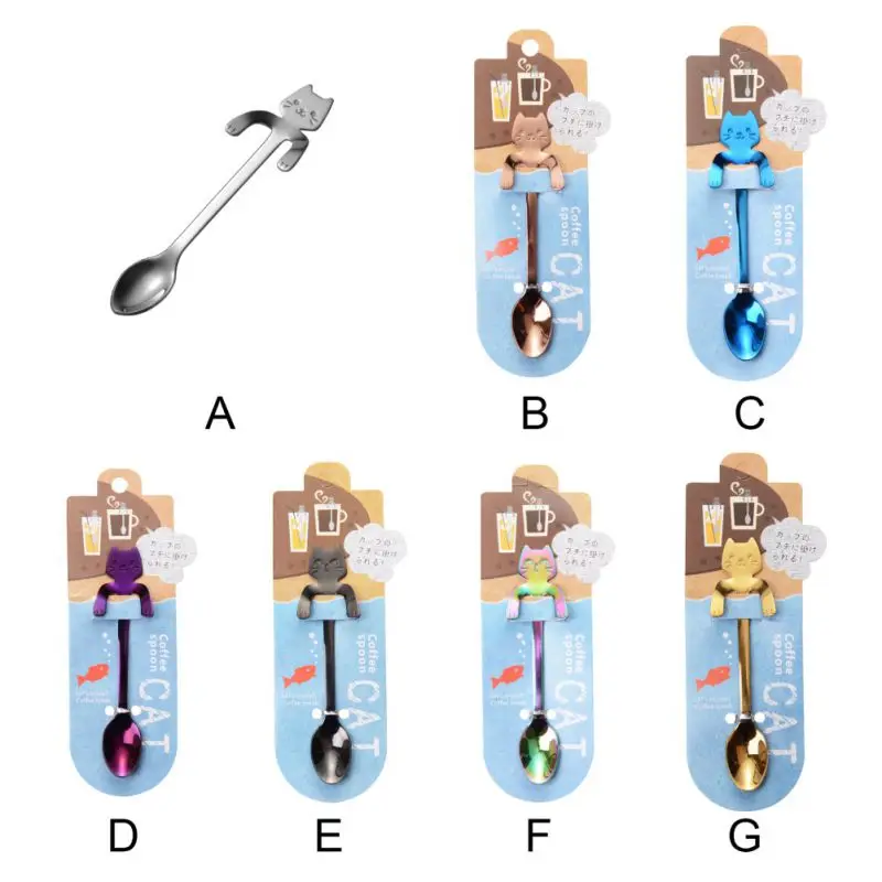 

1Pcs/lot Kitchen Utensils Tableware Cutlery Stainless Steel Novel Mini Kitten Design Spoon with Long Handle for Coffee Tea