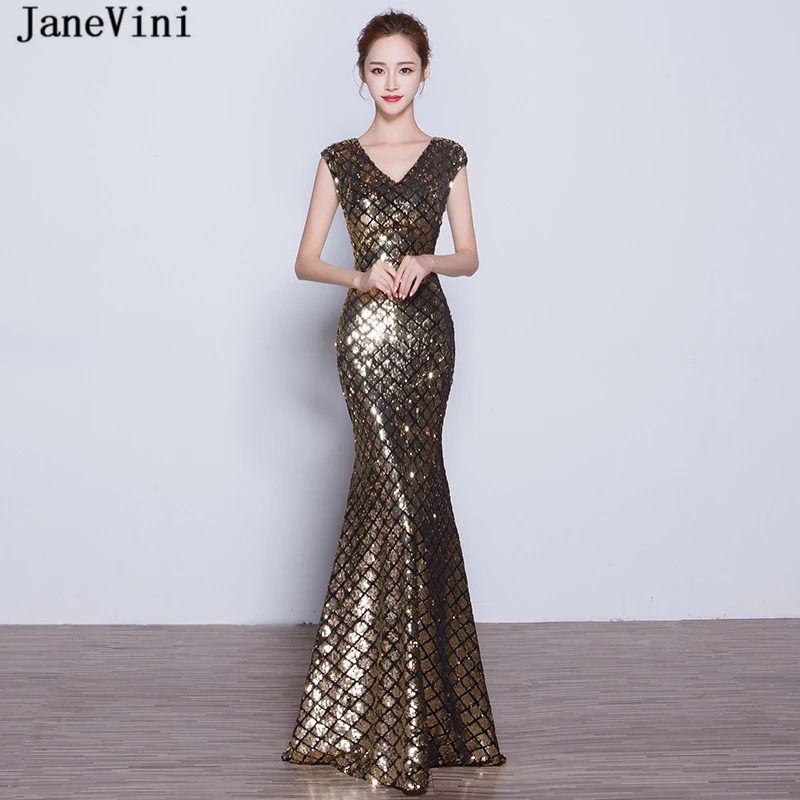 

JaneVini Luxury Gold Mermaid Long Bridesmaid Dresses for Women Sexy V Neck Illusion Back Sequined Prom Party Gowns Floor Length