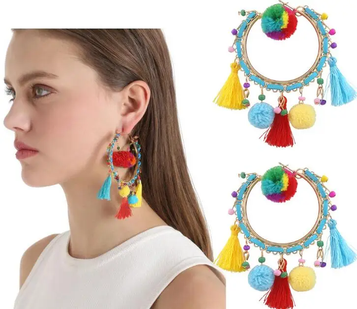 pom tassel earrings for women ethnic dangle fashion jewelry boucle d'oreille ethnique vintage statement | Украшения и