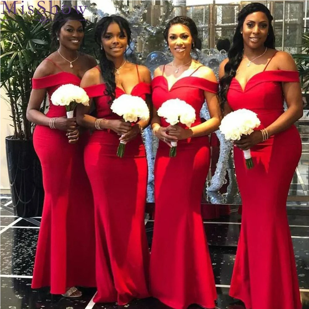 

[Custom-made] Sexy Off Shoulder Sweatheart Bridesmaid Dresses 2019 Red Satin Long Elegant Mermaid Maid Of Honor Dress For Women