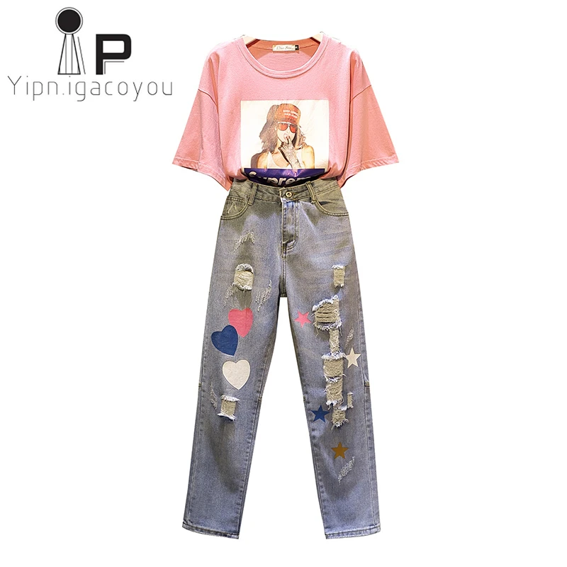 2020 летняя футболка с принтом Женские джинсовые штаны дырками Женский комплект из