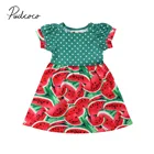 Новинка 2018, летнее милое платье для маленьких девочек, лоскутное платье-трапеция до колена с рукавами-лепестками и арбузом в горошек, женская одежда