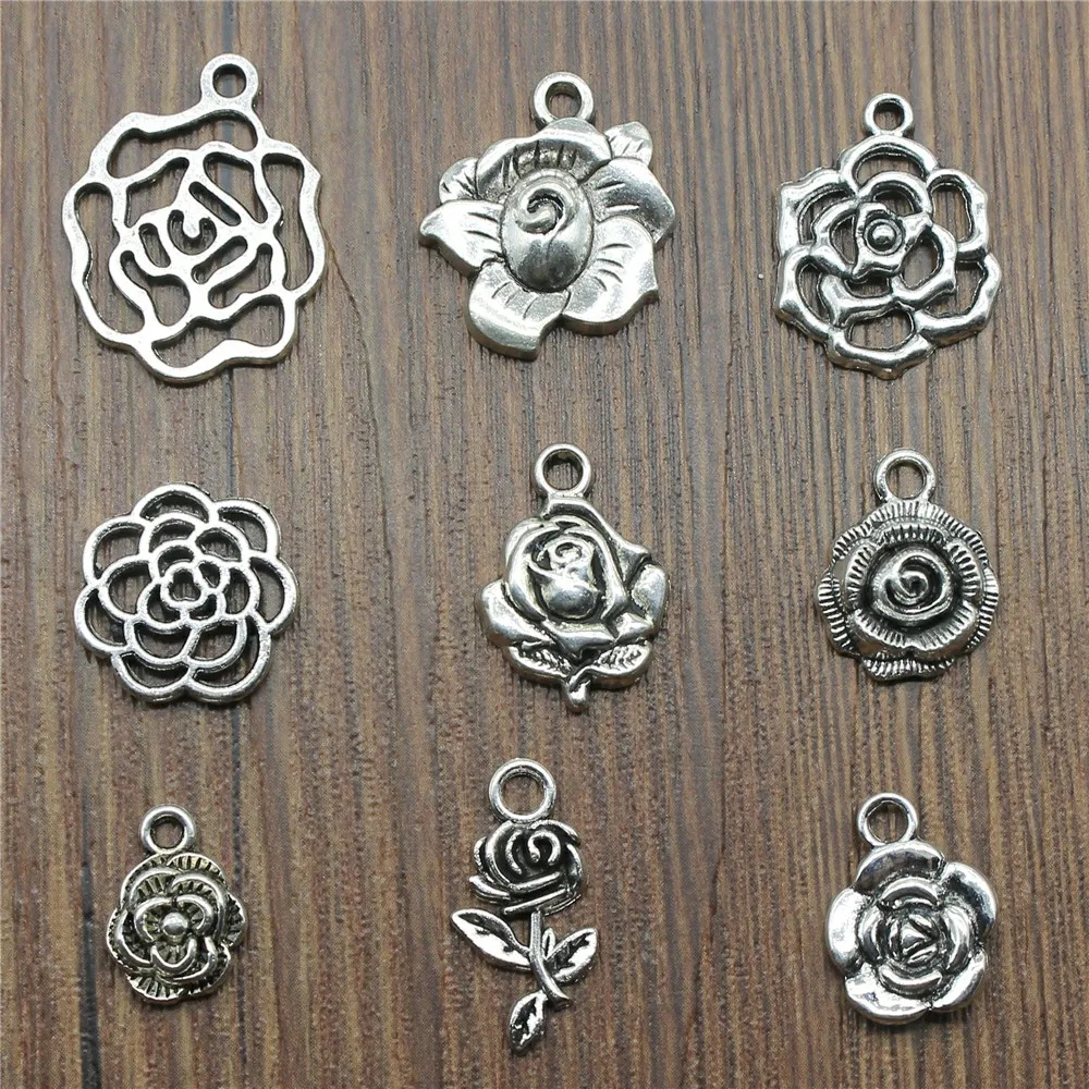20 штук цветок Подвески старинное серебро Цвет розовые Цветочные Кулоны из