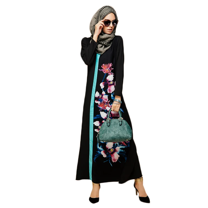 Women Flower Print Robe Muslim Arab Kaftan Dress Plus Size Dubai Clothes Turkish Style Black Maxi Islamic Abaya Casual Vestidos |