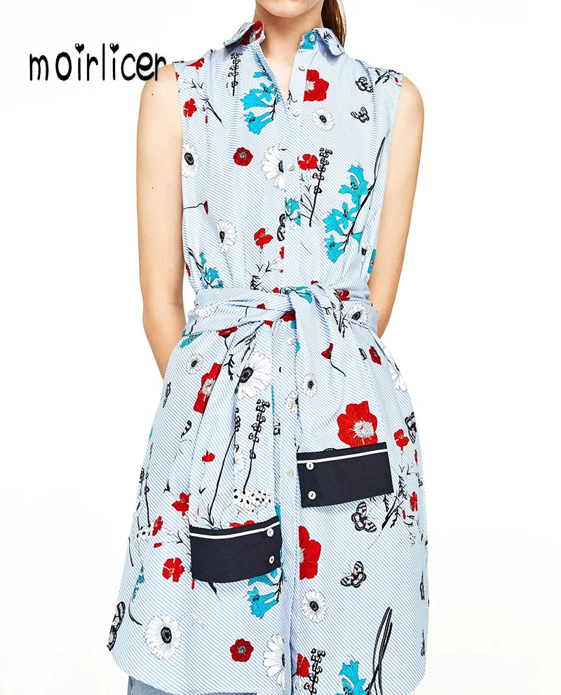 Moirlicer Women sweet butterfly flower print shirt dress sashes sleeveless turn down collar summer ladies casual dresses vestido | Женская