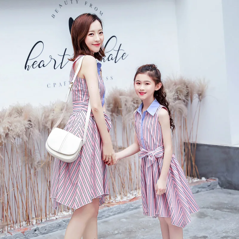 WLG family matching clothes mother and daughter striped fashion dresses summer sleeveless dress