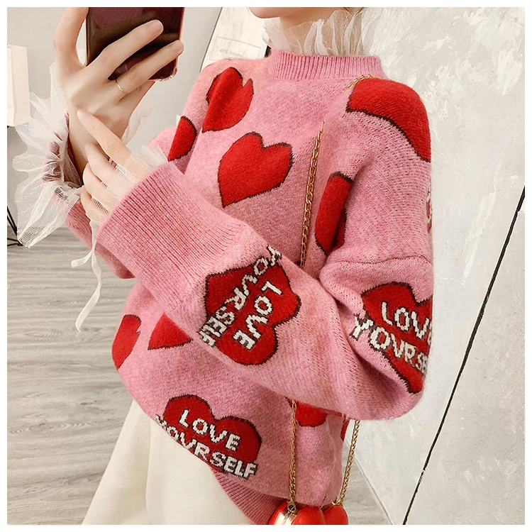 Harajuku sweater women Sweet heart love contrast color block letters autumn winter multicolored pink knit warm pullovers DY343 | Женская