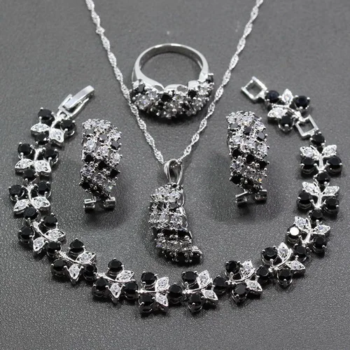 4CS Ring Size 9 4 шт. Ювелирные наборы 925 стерлингов серебристый, черный циркон кольцо Размеры 6/7/8/9/10 браслет Длина 18 см для Для женщин подарочная коробка JS04 - Окраска металла: 4CS Ring Size 9
