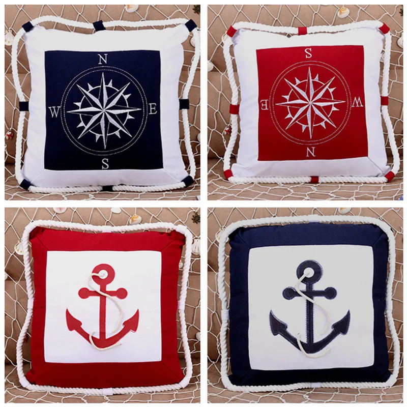 

40x40cm Mediterranean Style Ancrage Boussole Pattern Pillow Cover Cotton Linen Sofa Decorative Pillows Cushion Cover Home Decor