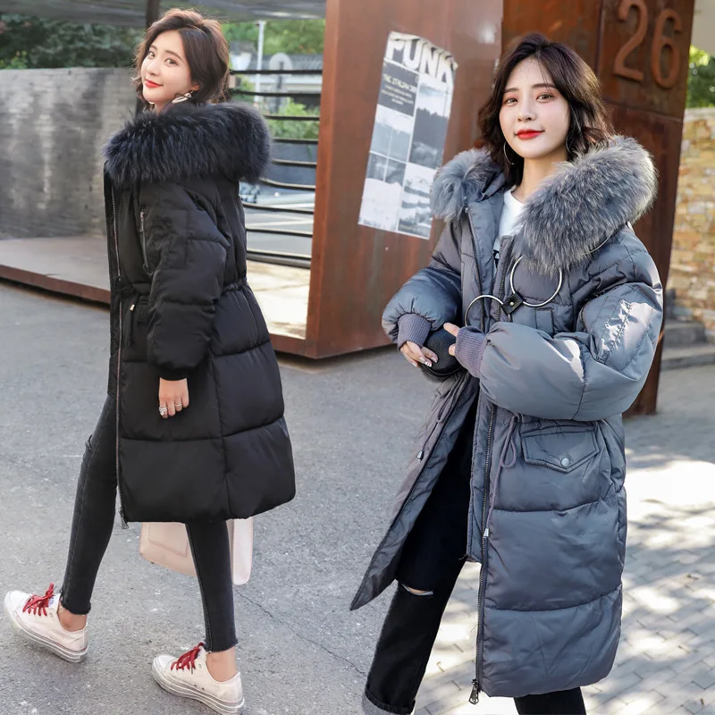 

New 2020 Winter Long Cotton Coat Female Korean Version Drawstring Big Fur Collar Thick Down Cotton Coat Jacket Female M-3XL