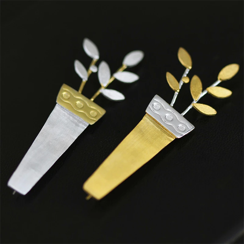 Lotus Fun Moment Real 925 Sterling Silver Handmade Fashion Jewelry Unique Potted Flower Women Brooches Broche Pin Badge | Украшения и