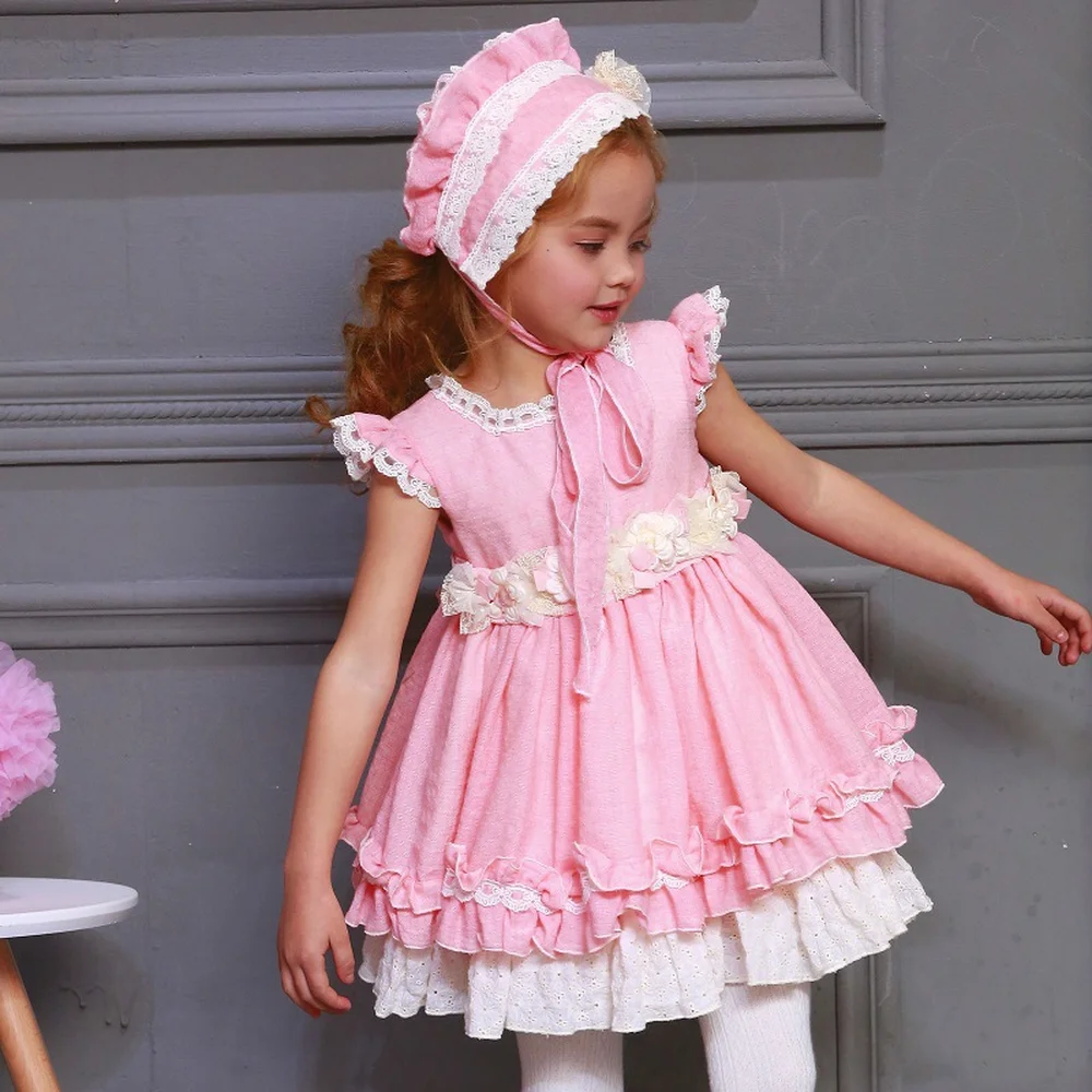 Spanish Children's Clothing Court Wind Princess Pink Three-dimensional Flower Dress Girl Birthday | Детская одежда и обувь