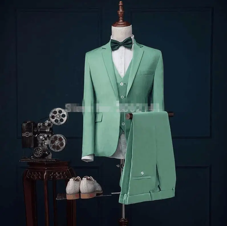 

2017 Latest Coat Pant Designs Mint Green Men Suit Slim Fit 3 Piece Stylish Tuxedo Custom Groom Suits Prom Blazer Terno Masculino