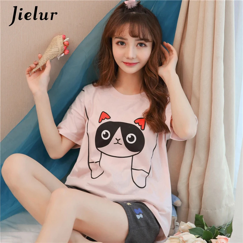 Jielur летние с рисунком кота Для женщин пижамные комплекты короткий рукав