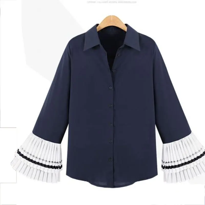 Temperament Flare Sleeve Stitching Women Blouse 2016 Streetwear Casual Fashion Turn-down Collar Elegant Shirt S22845 |