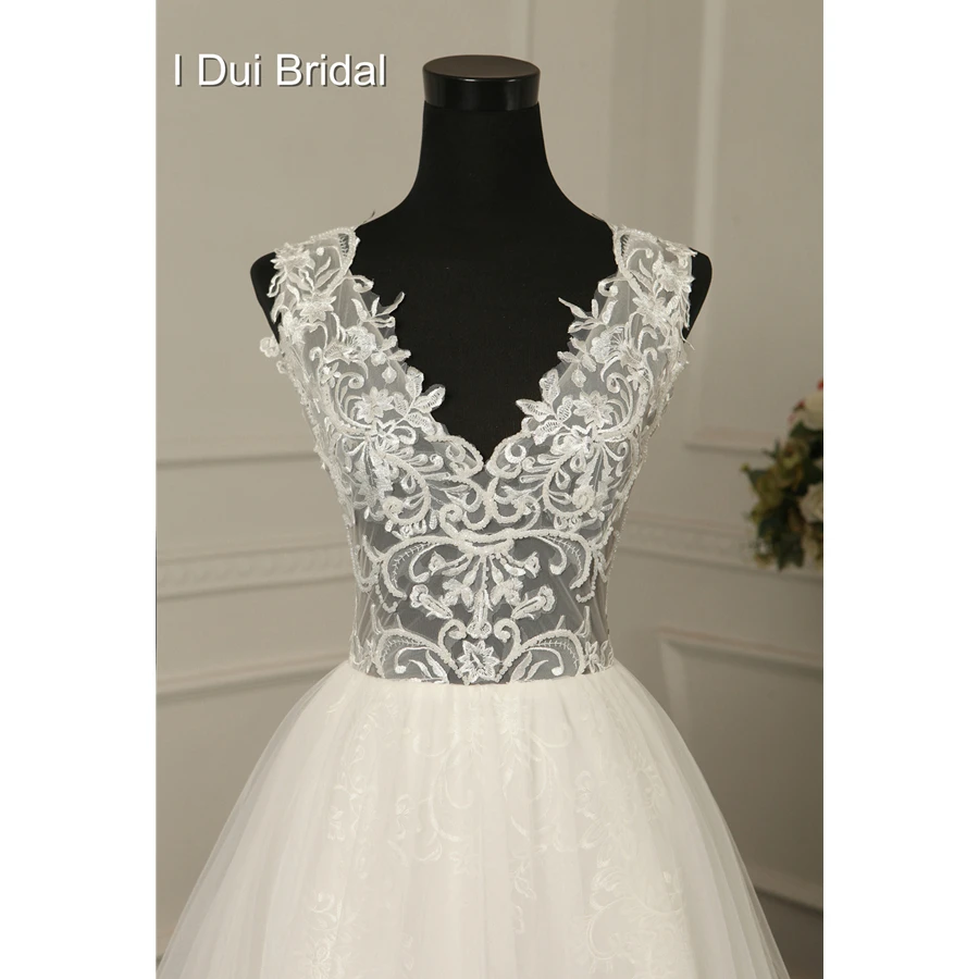 Кружевное свадебное платье с V образным вырезом линейка аппликацией из бисера|lace