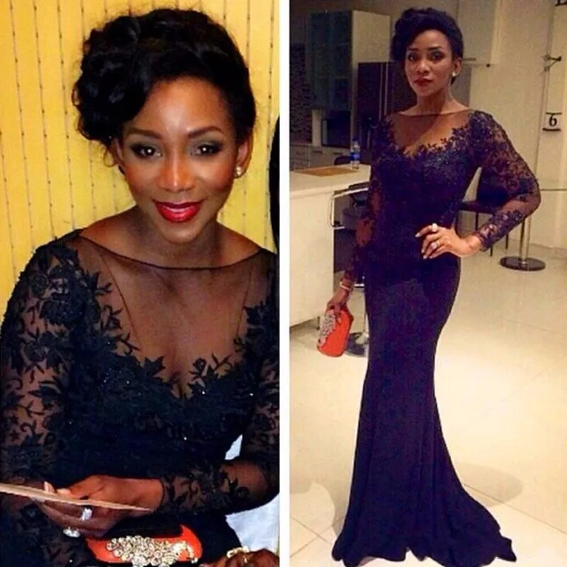 Вечернее платье с длинным рукавом черное кружевное аппликацией в виде Русалочки