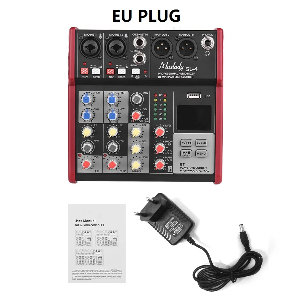 Muslady SL-4 4-канальный микшерный пульт dj микшер 2-полосным эквалайзером встроенный 48V Phantom Мощность поддерживает подключения BT USB MP3 плеер - Цвет: EU PLUG