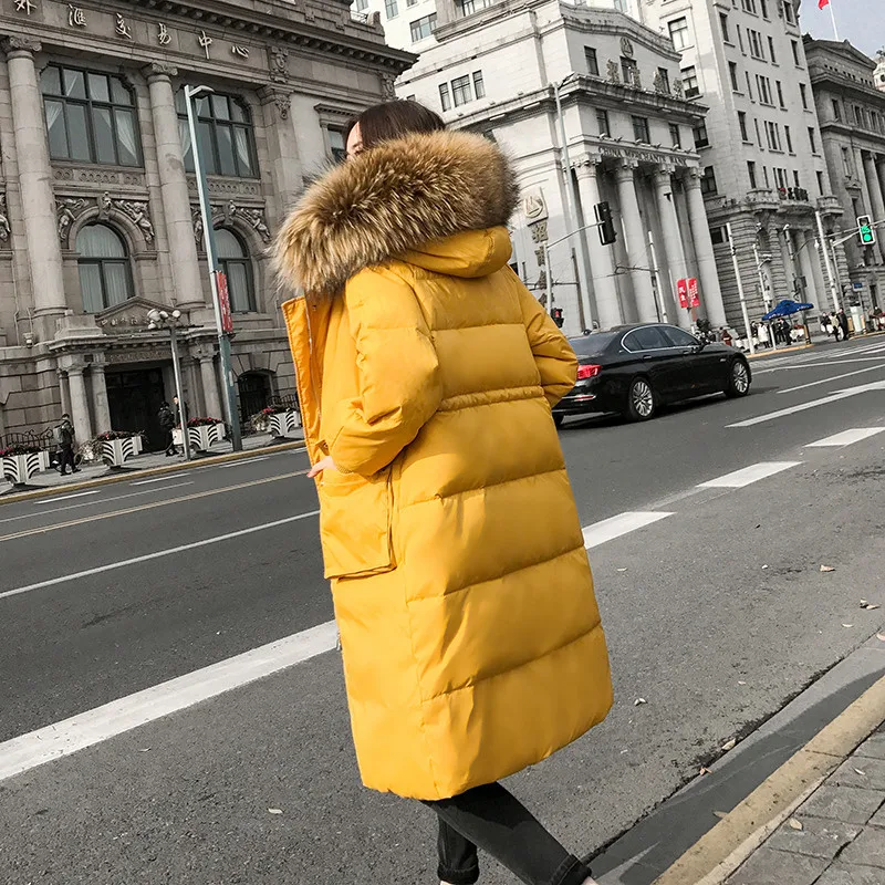 Yellow Русские зимние пальто для женщин, пуховики, белая утка, пушистая теплая женская верхняя одежда, парки, большой меховой воротник, Свободное пальто, зимняя одежда - Цвет: Yellow