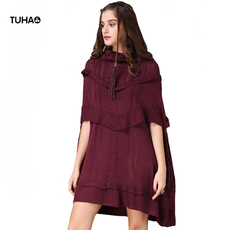 

Cloak Style Crocheted Dresss Women Tops Ruffles Vintage Sweater Loose Pullover Knitted Casual Dress Pull Femme T2069