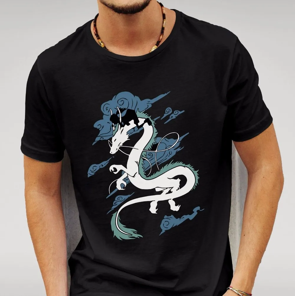

New Summer Fashion Men T Shirt Simple Short-Sleeved Cotton T-Shirt Spirited Away Dragon Black Tshirt Mens Anime Tcasual T Shirt