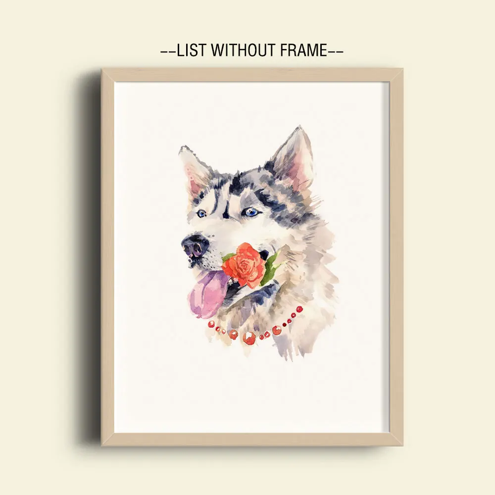 Верная собака с розой в рот Акварельная художественная краска рисованная