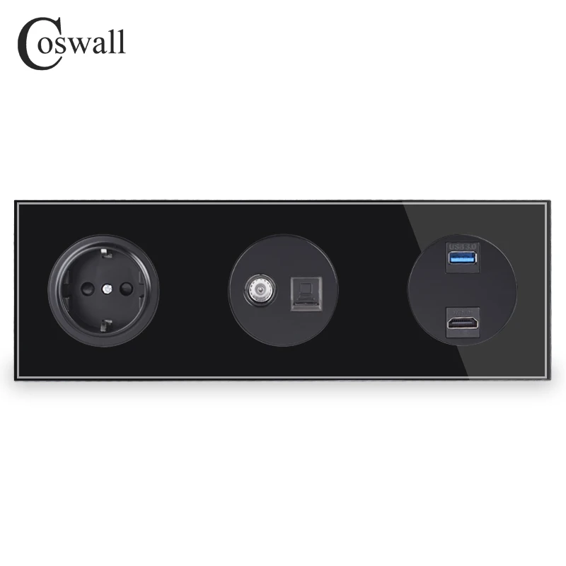 Coswall кристалл стеклянная панель настенная розетка ЕС розетка питания+ женский ТВ разъем с CAT5E RJ45 Интернет-розетка+ HDMI 2,0 USB 3,0 порт - Тип: Black