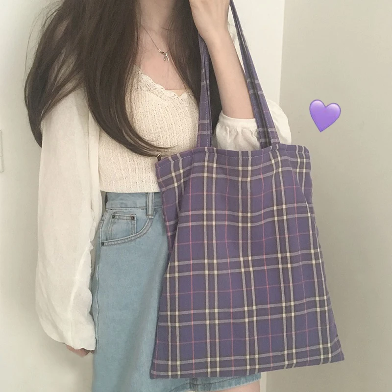 Корейский фиолетовый большой емкости Harajuku Ulzzang Новая женская клетчатая Холщовая