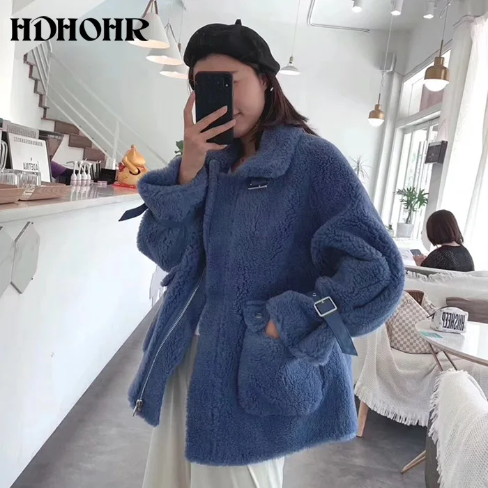 HDHOHR Новинка пальто из натурального овечьего меха шерстяное пальто верблюжье плюшевое пальто больше размера зимняя женская толстая теплая верхняя одежда - Цвет: Синий