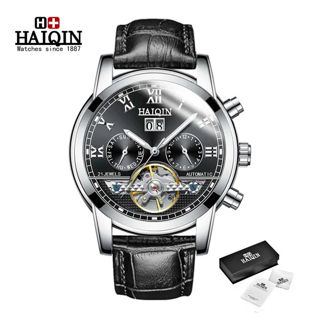 L-silver black Автоматические механические мужские часы Топ бренд HAIQIN Роскошные мужские часы бизнес турбийон военные мужские наручные часы Reloj Hombres - Цвет: L-silver black