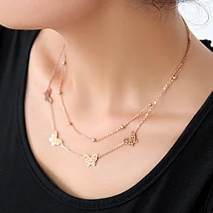 

Four Pcs Hollow Butterfly Double Layer Rose Gold Color Titanium Steel Necklace
