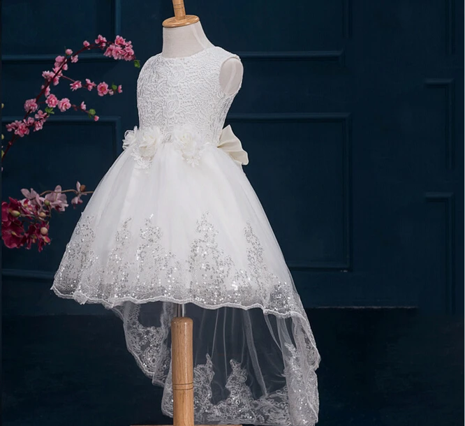 Детские белые платья со шлейфом и цветами для девочек свадебные принцессы платье
