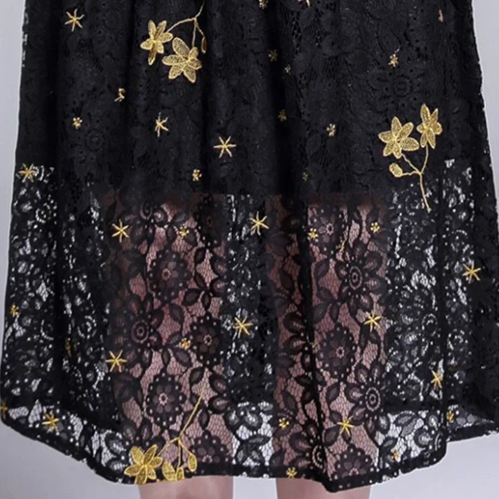 

Elegant Woman Black Lace Dress Yellow Floral Embroidered A-line Dress O-neck Ladies Mid Party Dress Spring New Laces Dress Woman