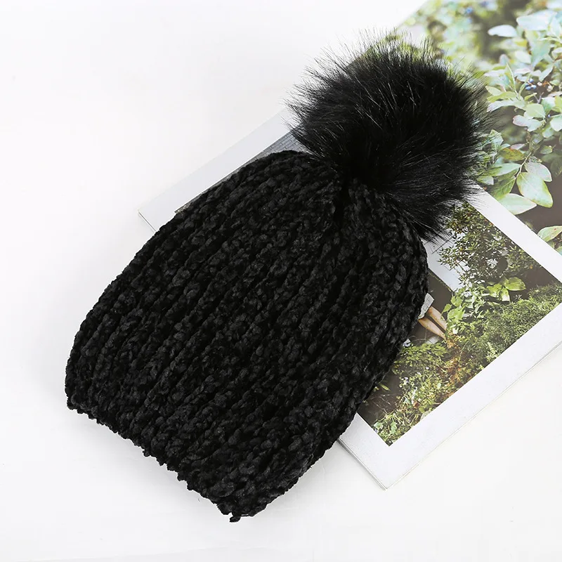 2019 Новая женская зимняя вязаная шапочка из меха енота с помпоном-кисточкой шапка