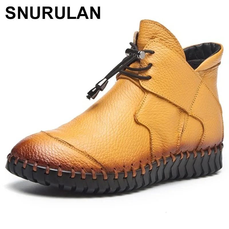

SNURULANNew Women Genuine Leather Boots Handmade Flat Booties Soft Cowhide Women's Shoes Lace-Up Ankle Boots Female WinterE211