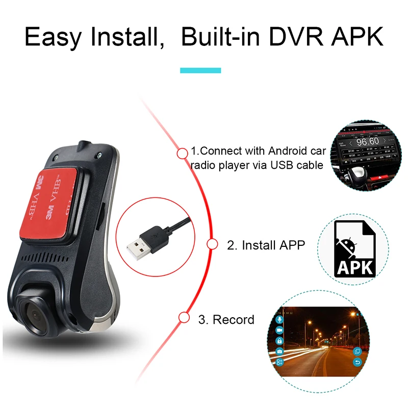 ZW10A USB Автомобильный видеорегистратор, камера для вождения, видеорегистратор для Android, Автомобильный плеер, видеорегистратор для вождения, Авто запись, черный