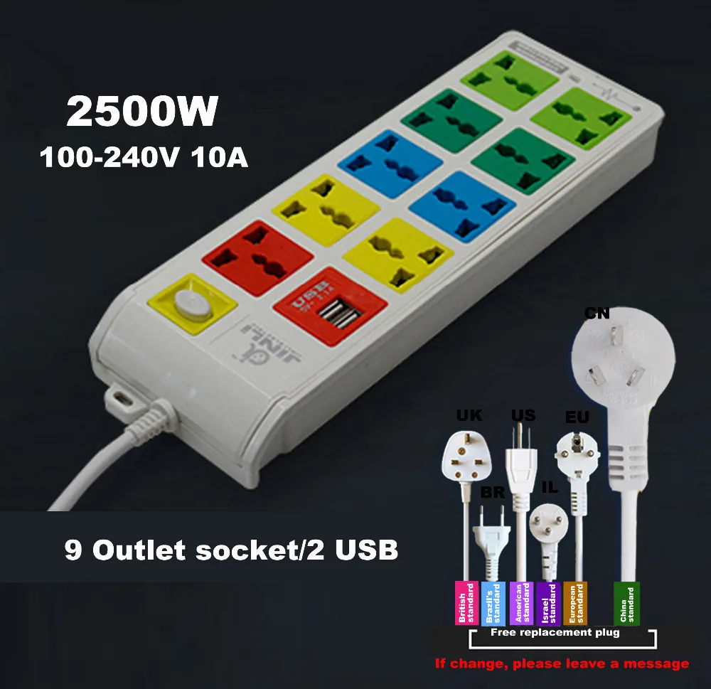 Защита от перенапряжения 9 розеток и 2 USB порта 100 ~ 240 В 10 А|eu us|socket aswitch and socket |