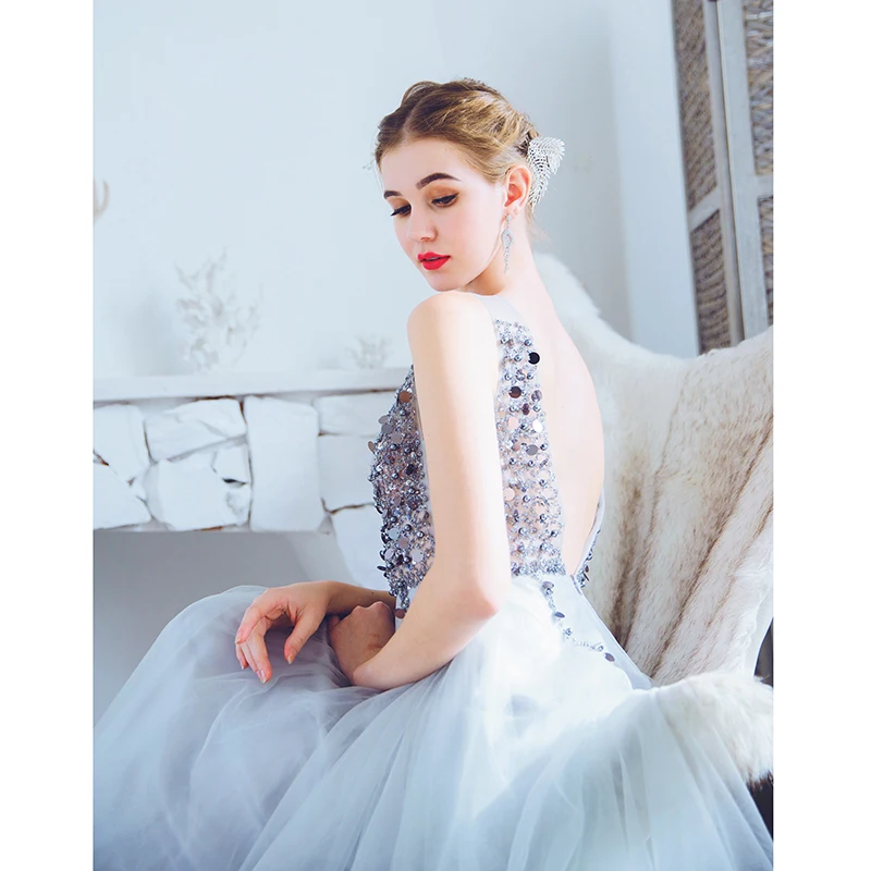 Женское вечернее платье до пола He's Bride серое для выпускного вечера с блестками