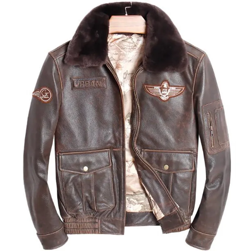 

Mens A2 Pilot Jacket US Air Force Flight Ma1 Real Cow Genuine Leather Jacket Fur Collar Winter Bomber Military G1 Aviator Coat