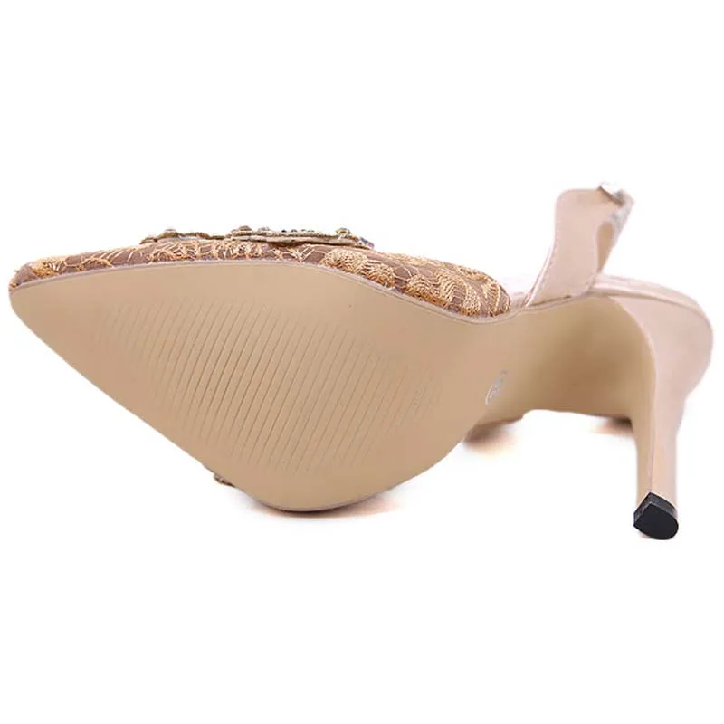 Женские сандалии с ремешком вокруг лодыжки на тонком каблуке украшенные