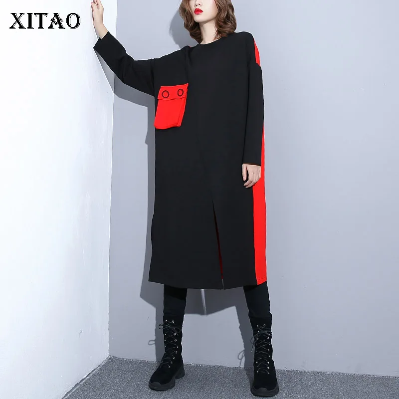 Женское платье до середины икры XITAO корейское свободное с круглым вырезом