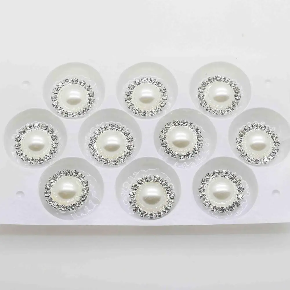 White pearl 50 шт./лот 16 мм(белый/слоновая кость) Серебряные Плоские с оборота пуговицы с жемчугом и стразами свадебное платье приглашение украшение для волос - Цвет: White pearl
