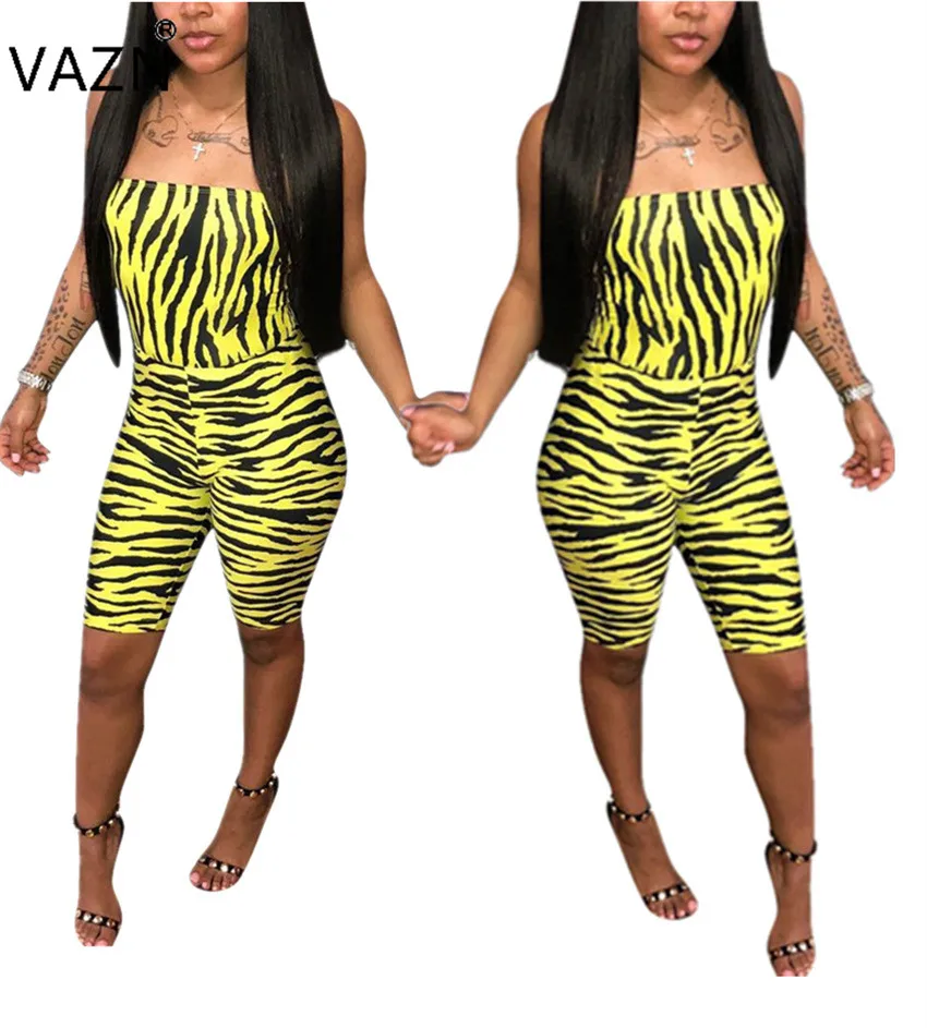 VAZN New 2019 High Quality Sexy Women Print Strapless Sleeveless Bodycon Playsuits Lady Hollow Out Skinny YMT6060 | Женская одежда