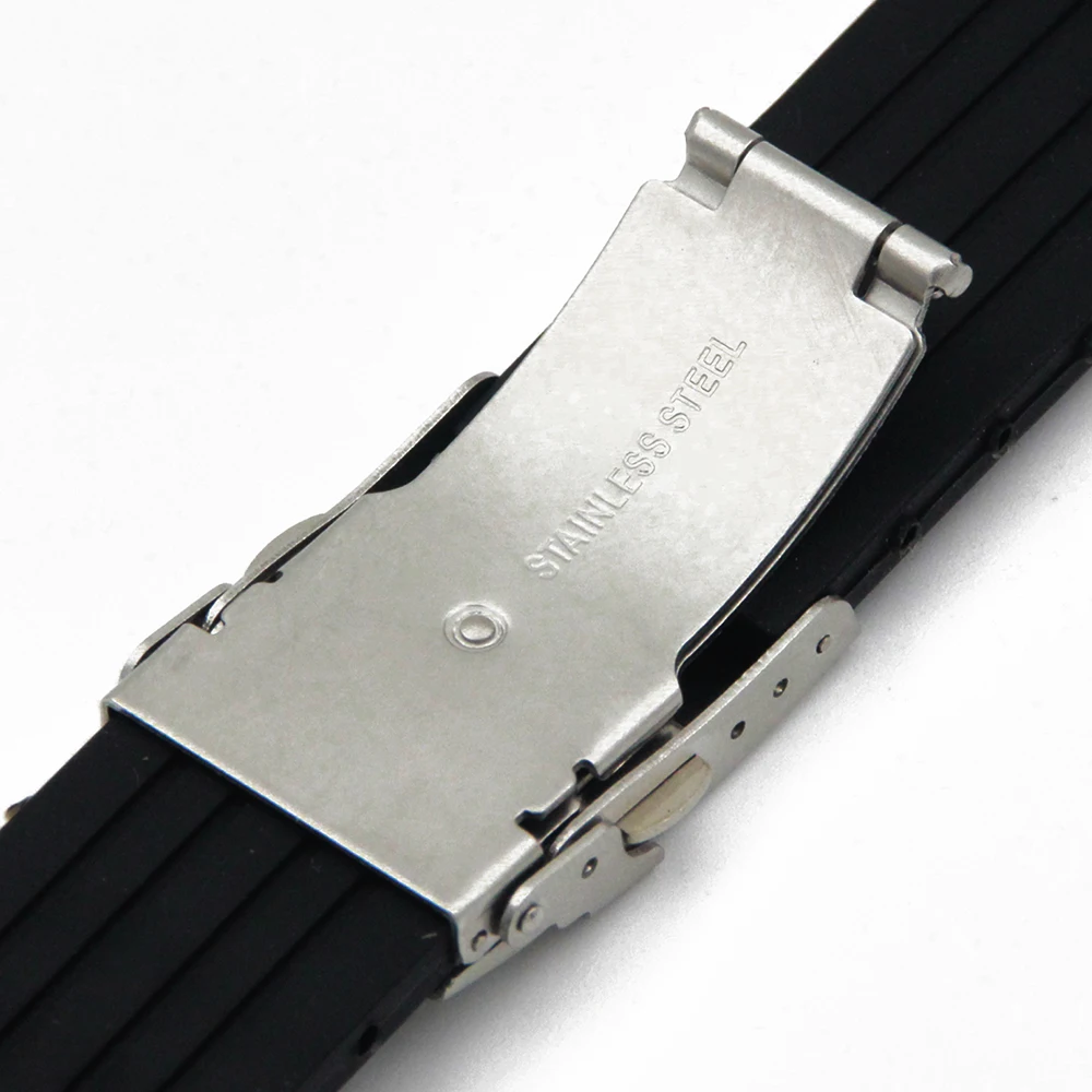 Silicone Rubber Watch Band 10mm X 24mm, 12mm X 22mm Convex Mouth Watchband Safety Clasp Strap Wrist Loop Belt Bracelet Black