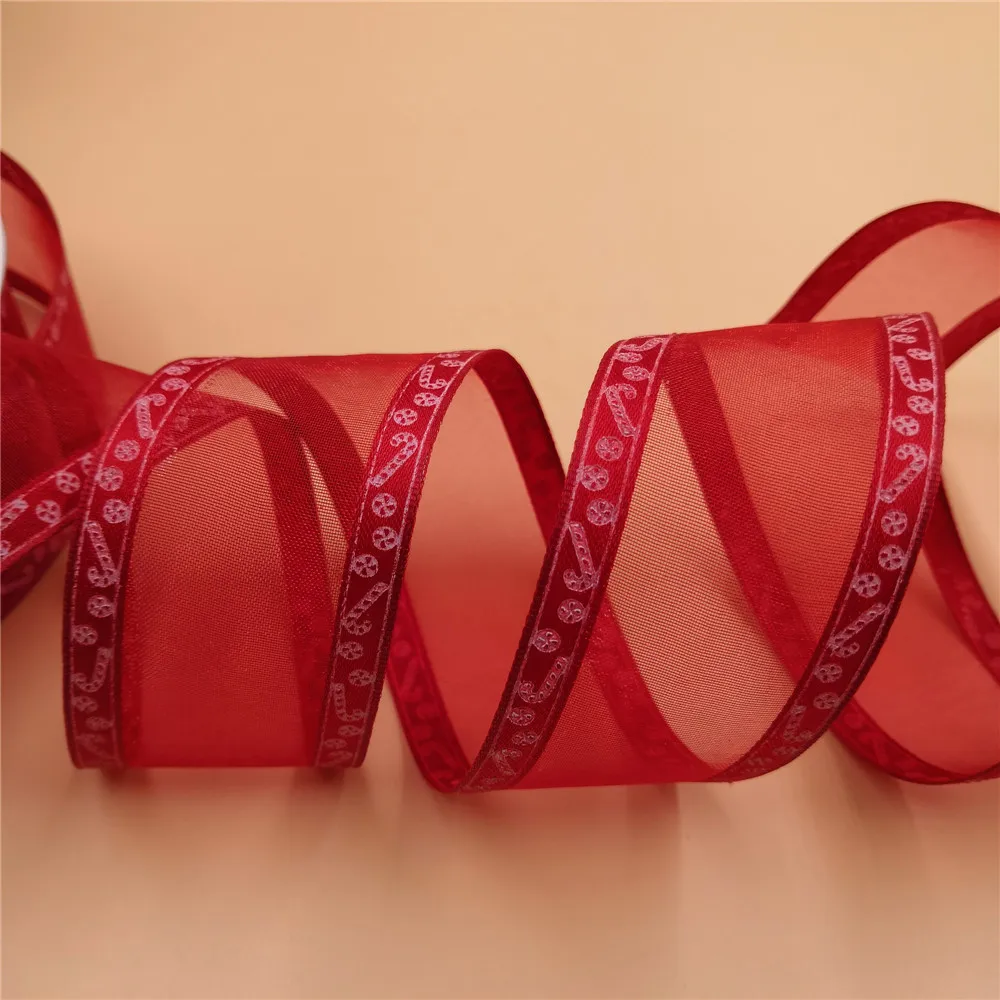 38mm X 25yards Printing Candy Cane Wired Red Satin Edge Organza Ribbon. Gift Bow Wedding Cake Wrap Tree Decoration Wreath N1086 | Дом и сад