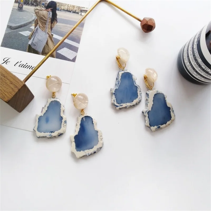 Fashion Geometric Round Acrylic Long Dangle Earrings Korean Creative Irregular Resin Ear Clips For Women Jewelry Accessories | Украшения и