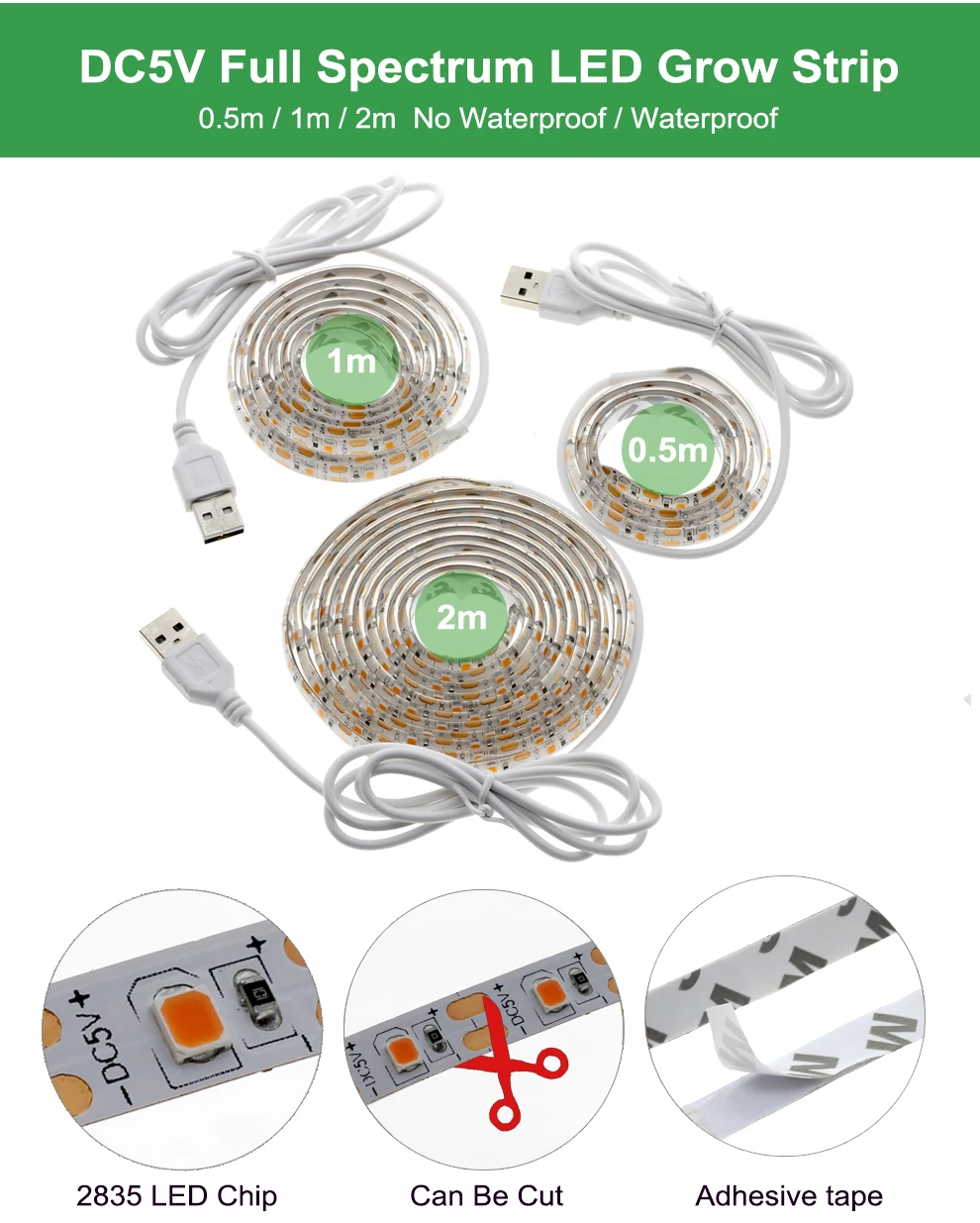 Светодиодный светильник для выращивания, полный спектр, USB, светильник для выращивания, полоса 0,5 м, 1 м, 2 м, 2835 Чип, светодиодный фито-светильник для растений, цветов, теплицы, гидропоники