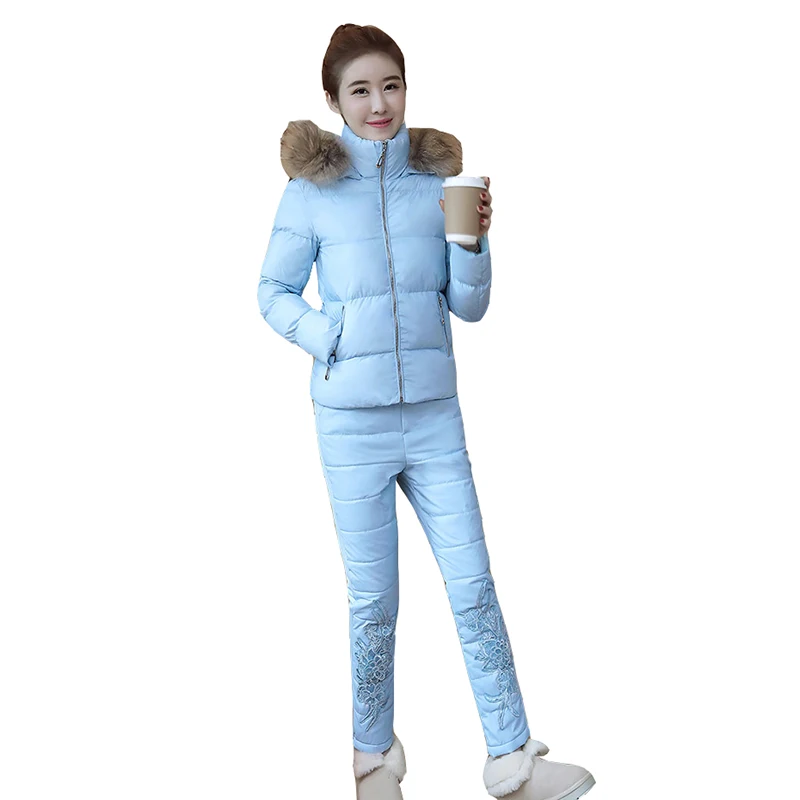 Blue Зимний пуховик, хлопковый костюм для женщин, новая мода, короткая, утолщенная, теплая куртка для женщин, вышивка, большой размер, высокое качество, два комплекта tideOKXGNZ - Цвет: Blue