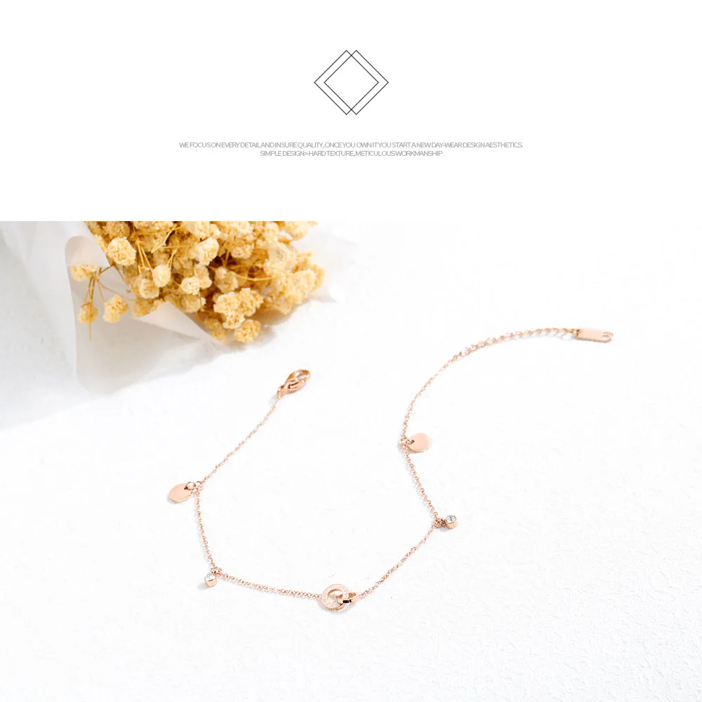 Lokaer Titanium Steel Bohemia Beach Chain& Link Anklets For Women Girls Trendy CZ Crystal Roman Numerals Charm Anklet OGZ083